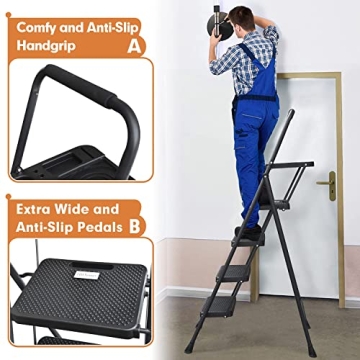 HBTower 4 Step Steel Ladder with Tool Tray Non-Slip Design