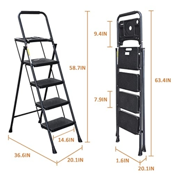 HBTower 4 Step Steel Ladder with Tool Tray Non-Slip Design