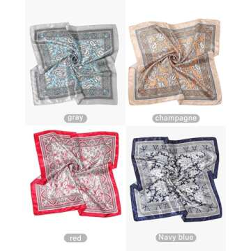 AWAYTR 23 Inches Satin Head Scarves for Women 4PCS Square Silk Like Hair Scarves Silk Hair Bandanas (Cashews (dark blue/red/light blue/khaki)