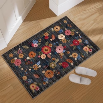Washable Small Entryway Area Rugs: 2'x3' Floral Non-Slip Indoor Door Mat