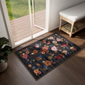 Entryway Floral Rug Non Slip 2'x3' Washable Mat