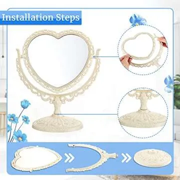 Jetec Heart Shaped Mirror Valentine‘s Day Gift Double Sided Dresser Vintage Makeup Cosmetic Mirror for Dressing Bathroom Bedroom(Beige)