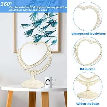 Jetec Heart Shaped Mirror Valentine‘s Day Gift Double Sided Dresser Vintage Makeup Cosmetic Mirror for Dressing Bathroom Bedroom(Beige)