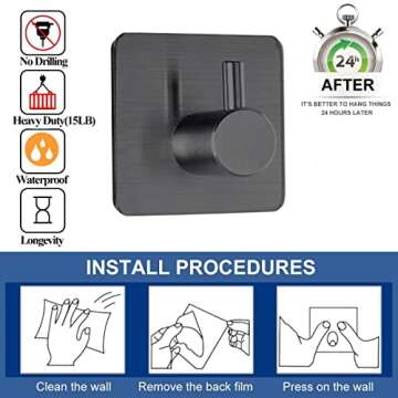 Fotosnow Black Adhesive Towel Hooks Heavy Duty Stick on Wall Hooks Shower Hooks for Bathroom Kitchen Door-4 Packs