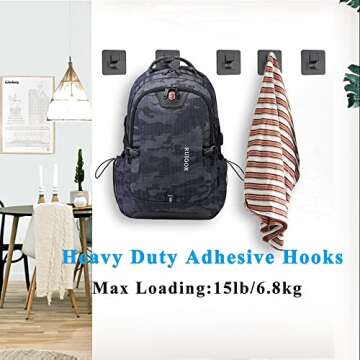 Fotosnow Black Adhesive Towel Hooks Heavy Duty Stick on Wall Hooks Shower Hooks for Bathroom Kitchen Door-4 Packs