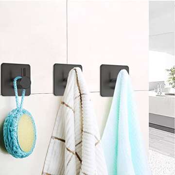 Fotosnow Black Adhesive Towel Hooks Heavy Duty Stick on Wall Hooks Shower Hooks for Bathroom Kitchen Door-4 Packs