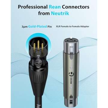 XLR Male to 1/4 Cable with XLR Female to Female Adapter Bundle, Rean Connectors from Neutrik, Kevlar...