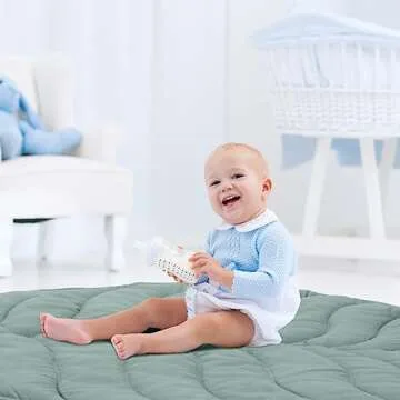 Funtery Baby Play Mat 56 x 42 Inch Cotton Crawling Cushion Cotton Nursery Rug Large Thick Soft Reversible Washable Folding Floor Playpen Mat Nursery Decor Rug for Girls Boys(Green,Leaf)