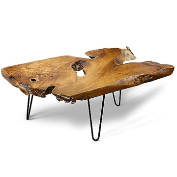StyleCraft Badang Carving Natural Wood Edge Teak Contemporary Coffee Table with Clear Lacquer Finish...