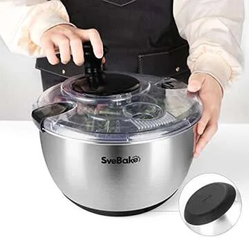 SveBake Stainless Steel Salad Spinner, 4.2 Qt Vegetable Washer, BPA-Free Lettuce Dryer with Crank Design, Dishwasher Safe, Non-Slip Base - Transparent Lid