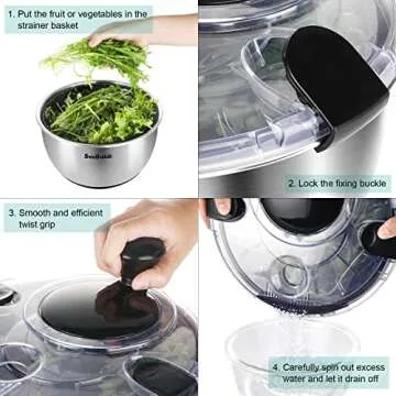 SveBake Stainless Steel Salad Spinner, 4.2 Qt Vegetable Washer, BPA-Free Lettuce Dryer with Crank Design, Dishwasher Safe, Non-Slip Base - Transparent Lid