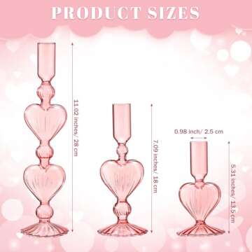 Mumufy 3 Pcs Valentine's Day Glass Candlestick Holders Pink Heart Glass Taper Candle Holder Valentin...