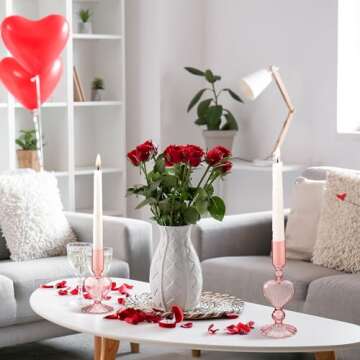 Mumufy 3 Pcs Valentine's Day Glass Candlestick Holders Pink Heart Glass Taper Candle Holder Valentines Glass Candle Stick Glass Vase Decor for Wedding Festival Party Table Centerpiece