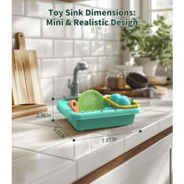 Geyiie Mini Toddler Sink Toy, Play Sink with Running Water, Automatic Water Cycle System and 13Pcs Rich Kitchen Accessories, Kids Pretend Role Play Dinosaur Dishwasher Toys for Boys and Girls