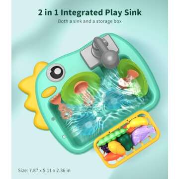 Geyiie Mini Toddler Sink Toy, Play Sink with Running Water, Automatic Water Cycle System and 13Pcs Rich Kitchen Accessories, Kids Pretend Role Play Dinosaur Dishwasher Toys for Boys and Girls