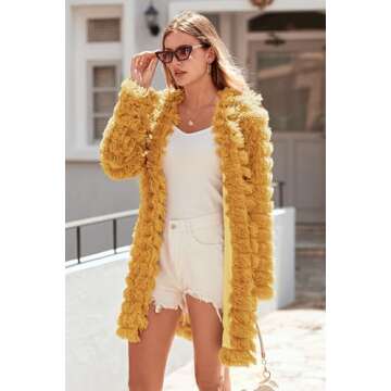 PRETTYGARDEN Women's Winter Faux Fur Jackets Fall Fashion Open Front Long Shaggy Coat Outerwear (Yellow,Medium)