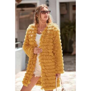 PRETTYGARDEN Women's Winter Faux Fur Jackets Fall Fashion Open Front Long Shaggy Coat Outerwear (Yellow,Medium)