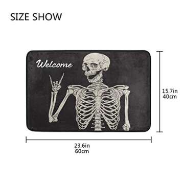 Baofu Skull Bathroom Doormats Floor Mat Rock and Roll Skeleton Lightweight Non-Slip Area Rugs Halloween Decorative Entrance Front Door Rug for Outdoor Garden Kitchen Bedroom 23.6" x15.7"