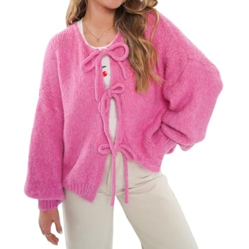 Chic Tie Front Knit Cardigan for Women: Lightweight and Trendy Fall Sweater in Hot Pink