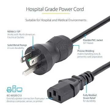 StarTech.com 15ft (4.6m) NEMA 5-15P to C13 Power Cord, UL Listed, 10A/125V, 18AWG