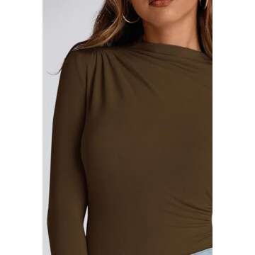 PRETTYGARDEN Womens Fall Y2K Going Out Crop Tops Long Sleeve Mock Neck Ruched Slim Fitted Basic Trendy Casual T Shirts Blouse (Coffee,Medium)