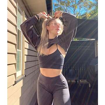 OQQ Workout Outfit for Women 2 Piece Seamless Acid Wash High Waist Leggings With Sports Bra Yoga Set Black