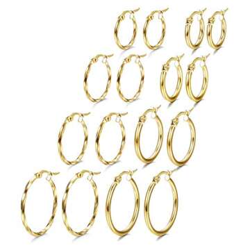 LOYALLOOK 8 Pairs Stainless Steel Hoop Earrings Set in Gold & Silver - Stylish & Versatile