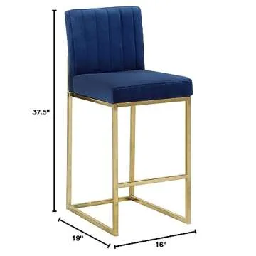Meridian Furniture Giselle Collection Modern | Contemporary Velvet Upholstered, Channel Tufted Counter Stool with Polished Gold Metal Base, 16" W x 19" D x 37.5" H, Navy