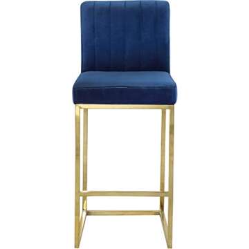 Meridian Furniture Giselle Collection Modern | Contemporary Velvet Upholstered, Channel Tufted Counter Stool with Polished Gold Metal Base, 16" W x 19" D x 37.5" H, Navy