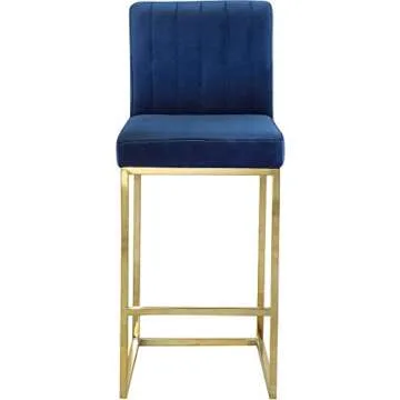 Meridian Furniture Giselle Collection Modern | Contemporary Velvet Upholstered, Channel Tufted Counter Stool with Polished Gold Metal Base, 16" W x 19" D x 37.5" H, Navy