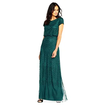 Adrianna Papell Short Sleeve Beaded Gown in Dusty Emerald