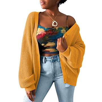 QUALFORT Women's Mustard Cardigan Sweater 100% Cotton Button-Down Long Sleeve Oversized Knit Outerwear Mustard Large