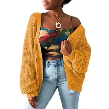 QUALFORT Women's Mustard Cardigan Sweater 100% Cotton Button-Down Long Sleeve Oversized Knit Outerwear Mustard Large