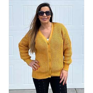 QUALFORT Women's Mustard Cardigan Sweater 100% Cotton Button-Down Long Sleeve Oversized Knit Outerwear Mustard Large