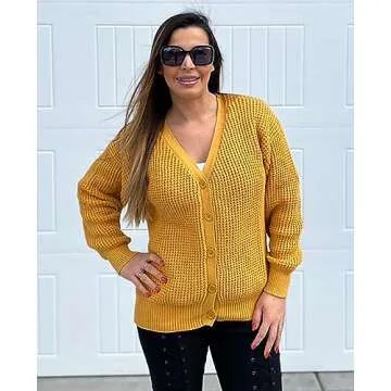 QUALFORT Women's Mustard Cardigan Sweater 100% Cotton Button-Down Long Sleeve Oversized Knit Outerwear Mustard Large