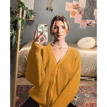QUALFORT Women's Mustard Cardigan Sweater 100% Cotton Button-Down Long Sleeve Oversized Knit Outerwear Mustard Large