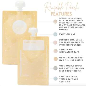 Sweetie Sips Reusable Food Pouches 10-Pack 6oz Baby Food Storage Refillable Toddler Squeeze Pouch for Kids Washable Freezer Safe Homemade Purees Smoothies Sweetie Sips