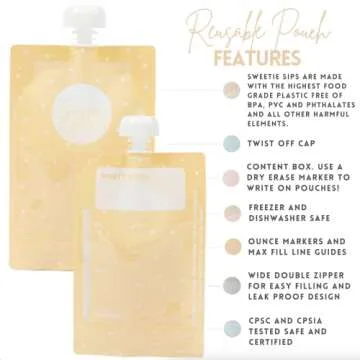 Sweetie Sips Reusable Food Pouches 10-Pack 6oz Baby Food Storage Refillable Toddler Squeeze Pouch for Kids Washable Freezer Safe Homemade Purees Smoothies Sweetie Sips