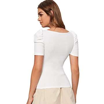 WDIRARA Women's Puff Sleeve Square Neck Short Sleeve Elegant Tee Top Light White M