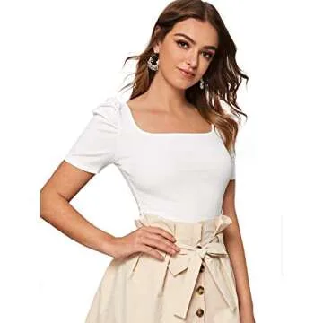 WDIRARA Puff Sleeve Elegant Tee Top for Women Stylish Fashion