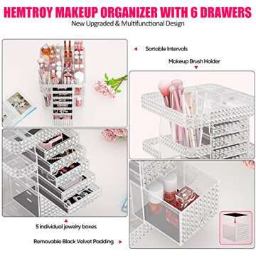 HEMTROY Updated Rotating Makeup Organizer – 6 Drawers, Clear Design for Beauty Essentials