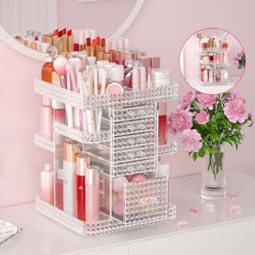 HEMTROY 360° Rotating Makeup Organizer - 6 Drawers, Clear