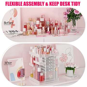 HEMTROY 360° Rotating Makeup Organizer - 6 Drawers, Clear