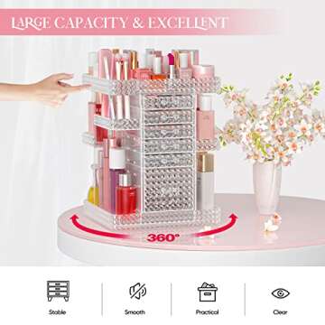 HEMTROY 360° Rotating Makeup Organizer - 6 Drawers, Clear