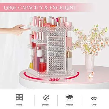 HEMTROY 360° Rotating Makeup Organizer - 6 Drawers, Clear