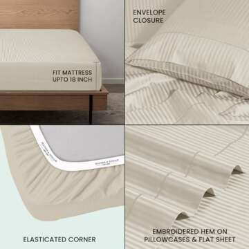 Feather & Stitch 500 TC King Size Damask Bed Sheet Set, 100% Soft Cotton Breathable Bedsheets, 18" Deep Pockets Sateen Weave Striped Bedding Mattress Resort Hotel Luxury Décor - (Beige, King)