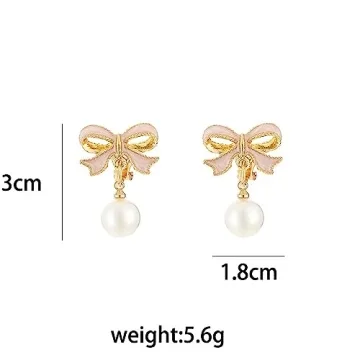 Elegant Faux Pink Bowknot Dangle Pearl Earrings
