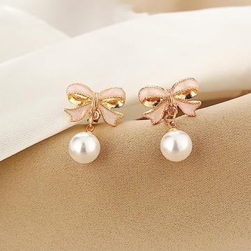 Elegant Faux Pink Bowknot Dangle Pearl Earrings
