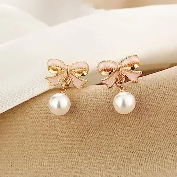 Elegant Faux Pink Bowknot Dangle Pearl Earrings