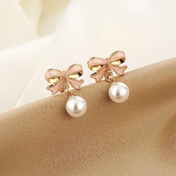 Elegant Faux Pink Bowknot Dangle Pearl Earrings